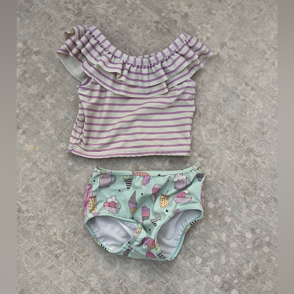 Ruffle Butts Girl’s Two-Piece  Stripe Tankini Bikini - Lavender & Mint - size 4T